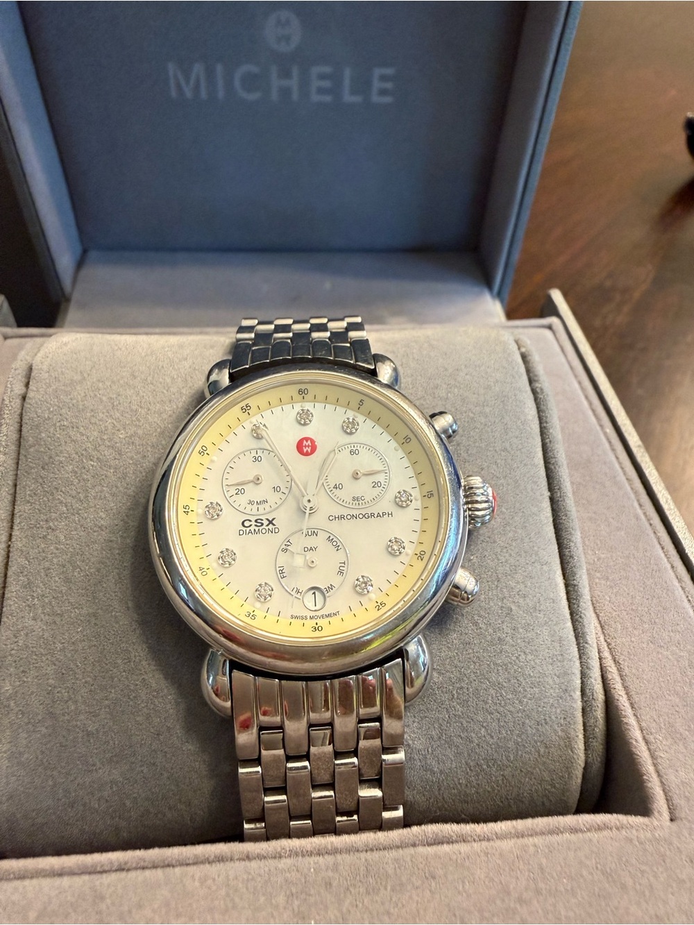 Michele women’s diamond chrono watch with bonus sports strap